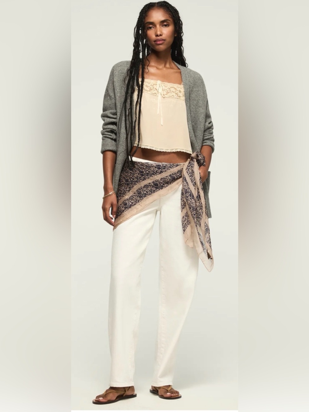 Lucky Brand Cream & Navy Printed Wrap Scarf Belt for Women Pants